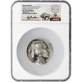 2026 5c Oglala Lakota Sioux Nation Beyond Relief 5oz Silver Buffalo Nickel NGC MS70 Antiqued FDI Gaudioso Signed Label
