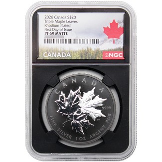 2026 $20 Proof Canada 1oz Silver Triple Maple Leaf Black Rhodium Plated NGC PF69 Matte FDI Black Core Canada Label