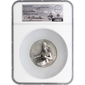 2026 25c Oglala Lakota Sioux Nation Beyond Relief 5oz Silver Bicentennial Quarter NGC MS70 Antiqued FDI Michael Gaudioso Signed Label