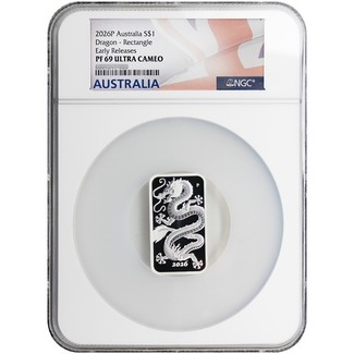2026 P $1 Proof Australia 1oz Silver Dragon Bar NGC PF69 UC ER Australia Flag Label