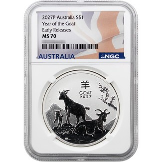 2027 P Australia 1oz Silver Year of the Goat NGC MS70 ER Australia Flag Label