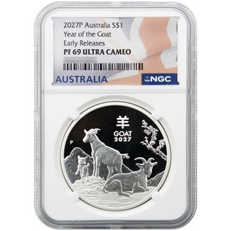 2027 P $1 Proof Australia 1oz Silver Year of the Goat NGC PF69 UC ER Australia Flag Label
