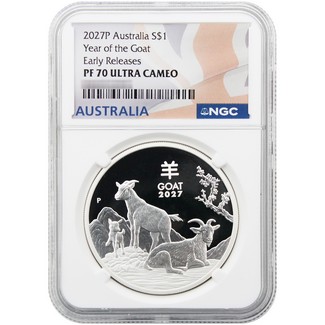 2027 P $1 Proof Australia 1oz Silver Year of the Goat NGC PF70 UC ER Australia Flag Label