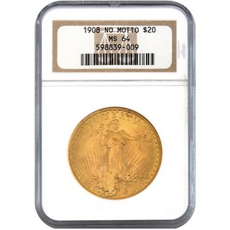 1908 (No Motto) $20 Gold St. Gaudens NGC MS-64
