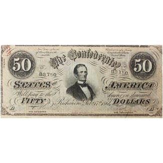 1864 $50 Confederate Currency Note Very Good Condition