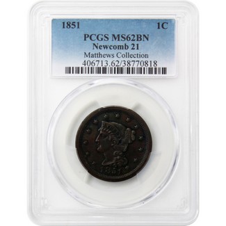1851 Large Cent PCGS MS-62 BN (Newcomb 21)