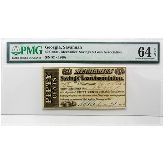 1860'S Fifty Cents (Mechanics Savings & Loan Association) PMG 64 EPQ (Savannah, GA)