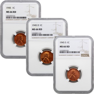 1945 (P,D,S) Lincoln Cent's NGC MS-66 RD