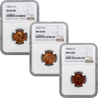 1936-D, 1937-D & 1938-D Lincoln Cent's NGC MS-66 RD