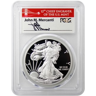 2018 S Proof Silver Eagle PCGS PR70 DCAM First Day of Issue Mercanti Signed Bridge Label