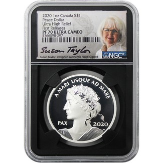 2020 1 oz Canada Proof Silver Peace Dollar Ultra High Relief NGC PF70 First Releases Taylor Signed