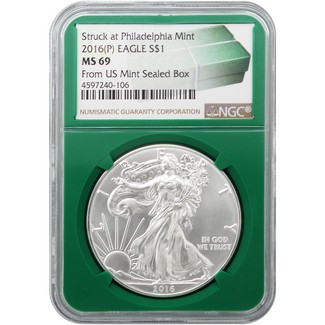2016 (P) Silver Eagle NGC MS69 Green Core Holder