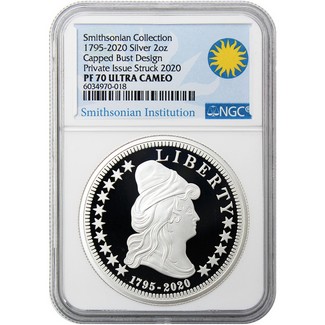 1795-2020 Smithsonian Collection Silver 2 oz First Gold Capped Bust Design NGC PF70 Ultra Cameo