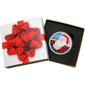 2023 Patriotic Santa American Flag 1oz .999 Silver Medallion Enameled in Gift Box