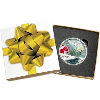 2025 Happy Holidays Moonlit Creek Farm Scene 1oz .999 Silver Medallion Enameled in Gift Box