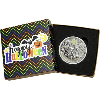 Happy Halloween Graveyard Mummy 1oz .999 Silver Medallion Enameled in Gift Box