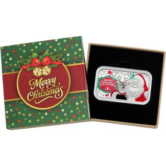 2026 Merry Christmas Santa and Reindeer Hugs 1oz .999 Silver Bar Enameled in Gift Box